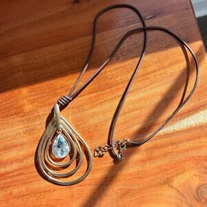 Vintage Large Pendant Necklace Long Brown Gold Layered Goldtone Teardrop